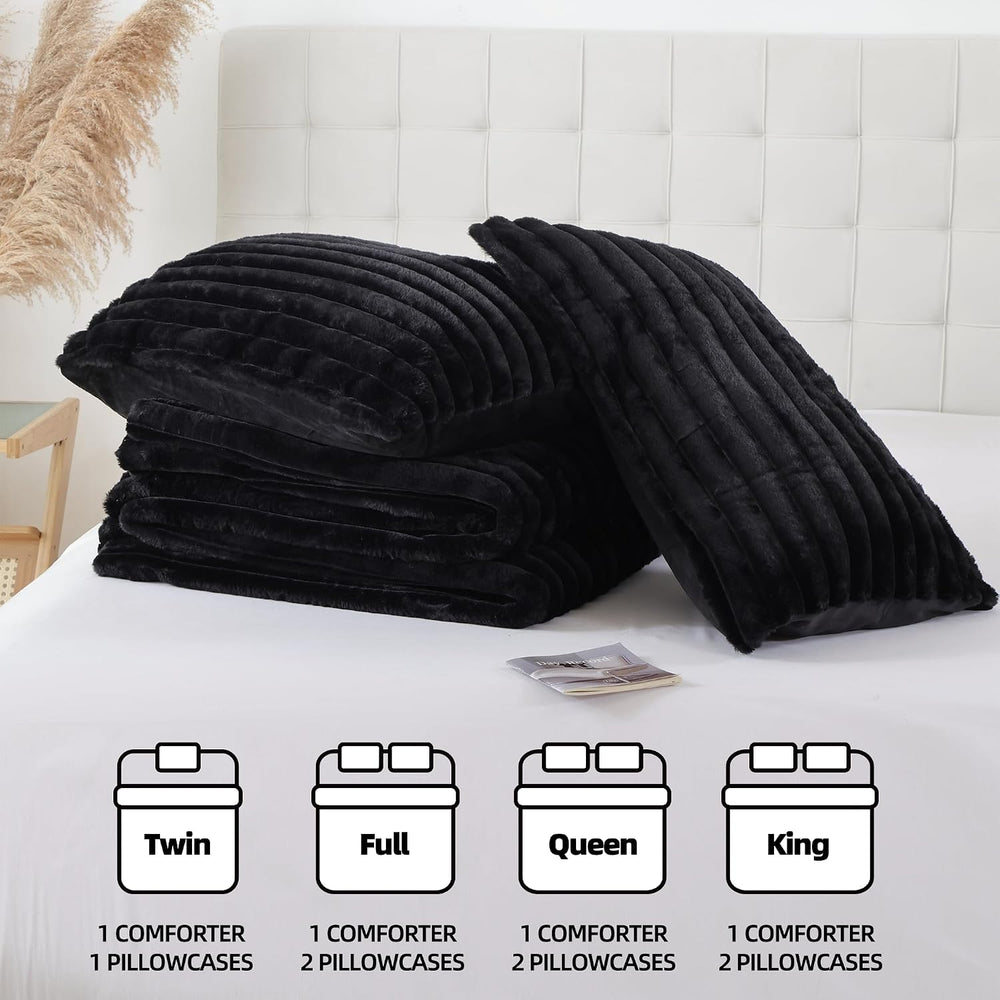Smoofy Fluffy King Size Comforter 3 PCS - Black Fleece Bedding Set