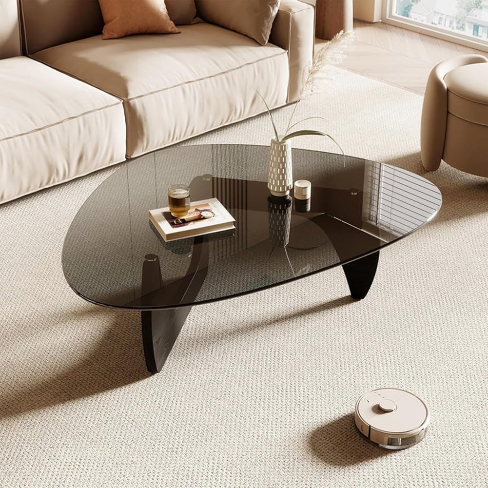 32" Mid-Century Modern Coffee Table,Triangle Glass Top Wooden Table for Living Room
