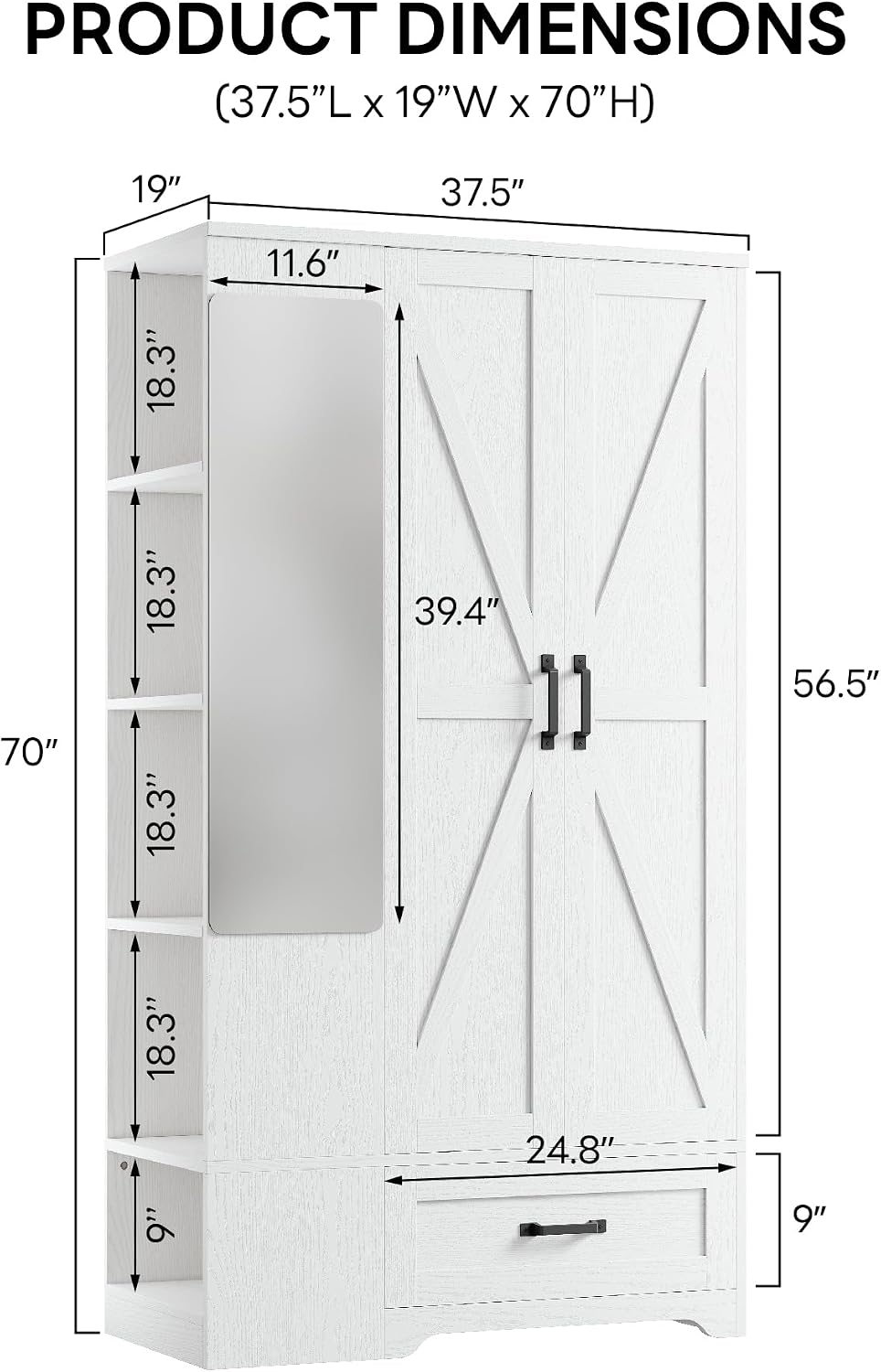 LIKIMIO Armoire Wardrobe Closet 70 Inches, Large Storage with Mirror, 2 Doors...
