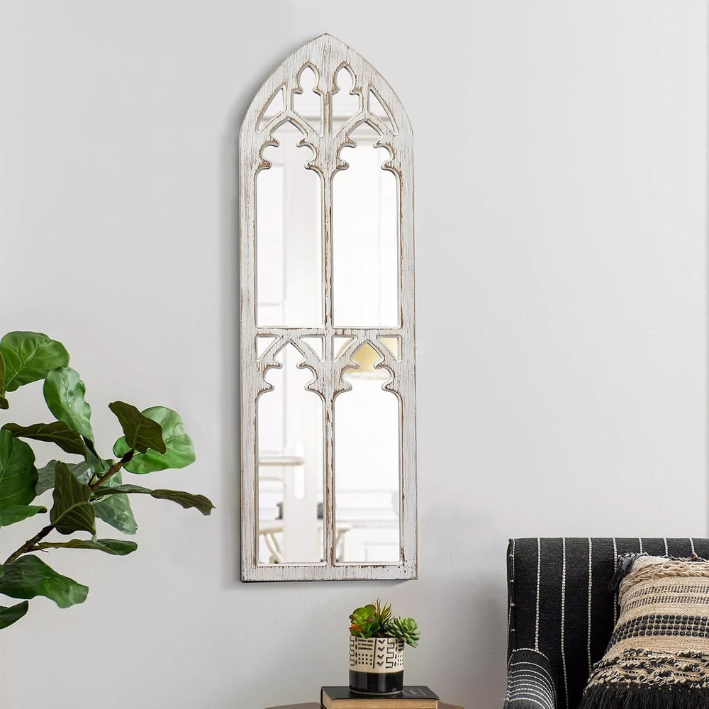 Farmhouse Wood Frame Arched Window Mirror 12 x 38 inches