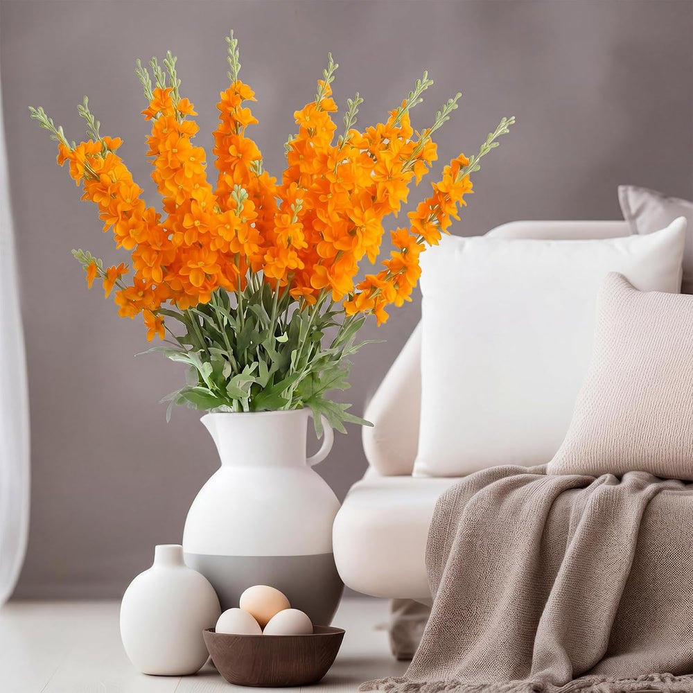 Thiccywoov 24 Pcs Orange Delphinium Artificial Flower Bulk Fall Flowers