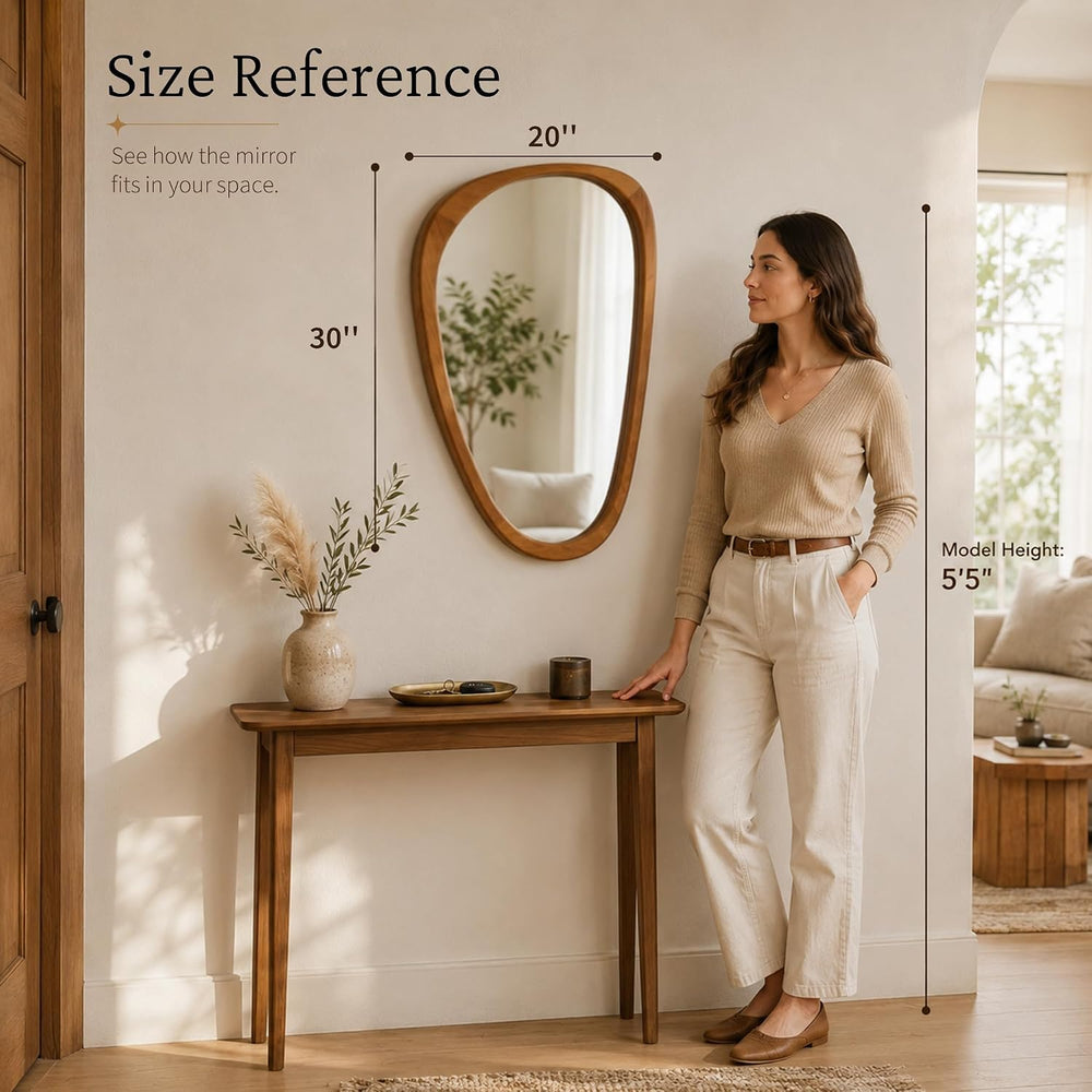 Solid Wood 30"x20" Warm Walnut Organic Irregular Wall Mirror Decor
