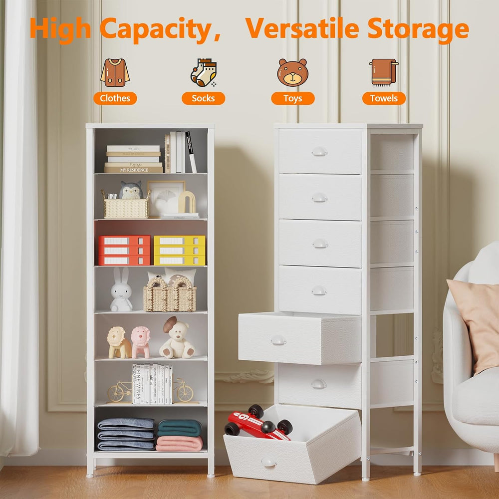 White Tall Dresser for Bedroom, Chest of Drawer with Fabric Drawer