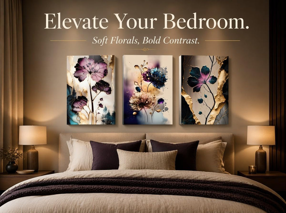 BVVEYKXX Abstract Floral Canvas Wall Art, Purple Gold Fluid Flower Prints