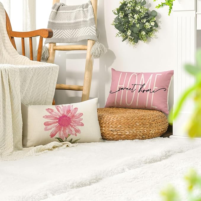 AVOIN colorlife Home Sweet Home Spring Summer Flowers Pink Throw Pillow Covers - Image 5