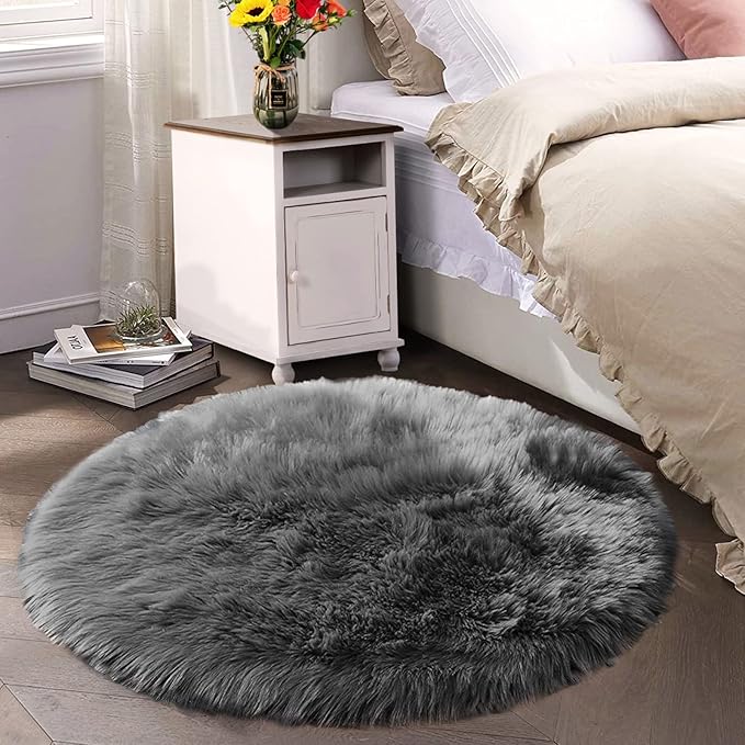 Latepis Round Area Rugs Dark Gray 6.7ft Faux Sheepskin Fur Circle Rug by Latepis