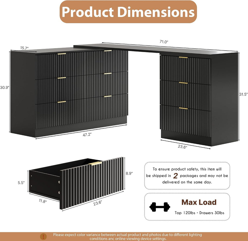 L-Shaped Rotatable 9 Drawer Dresser for Bedroom, 71" Wide Deformable Bla...