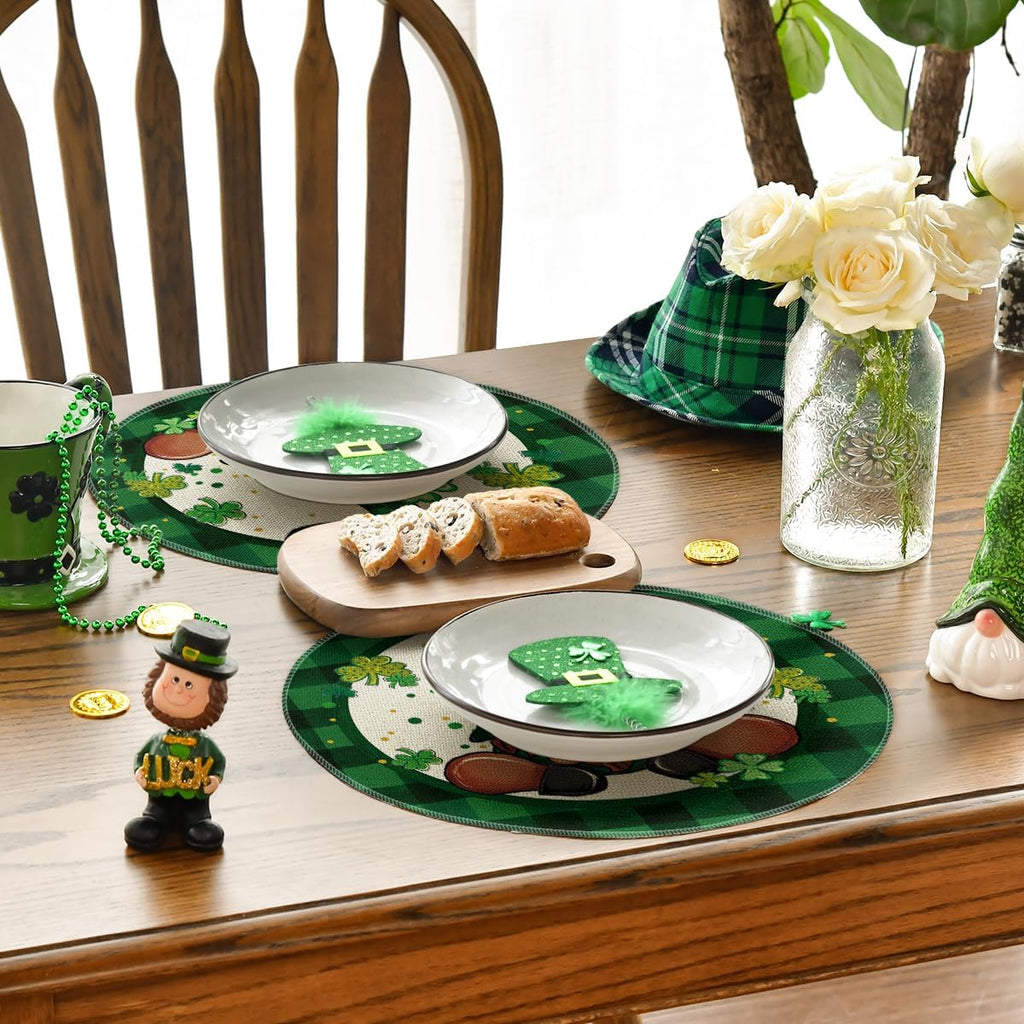 Artoid Mode Green Lucky Gnome St. Patrick's Day Round Placemats Set of 4,14 Inch Seasonal Holiday Farmhouse Table Mats for Party Kitchen Dining Decoration