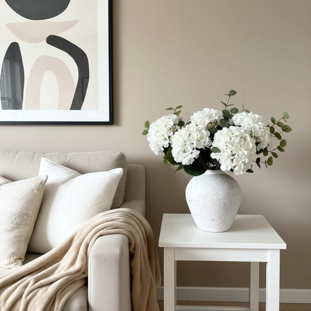 Real Touch White Faux Hydrangea And Eucalyptus, Floral Arrangement For Vase
