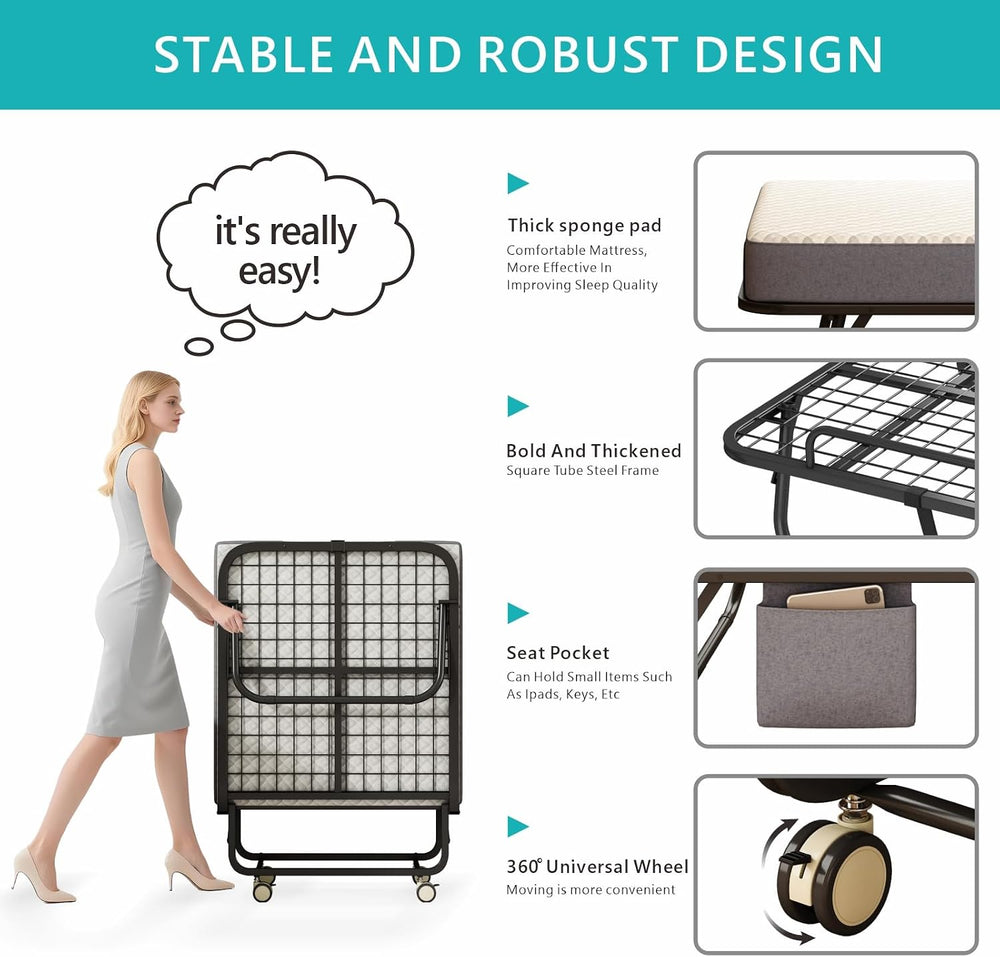 Folding Bed with Mattress for Adults, 75" x 31"Portable Cot-Size Ro...