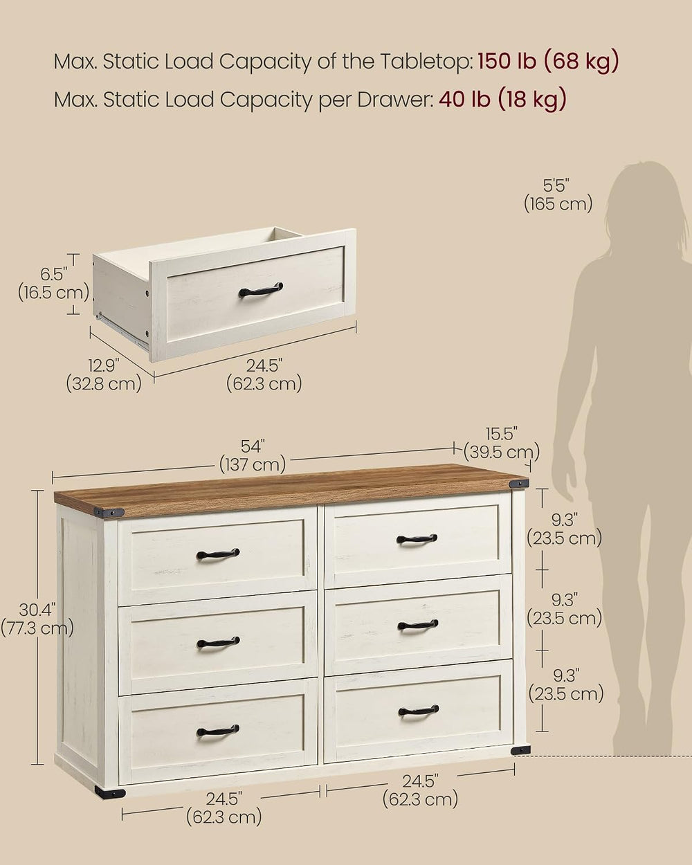 VASAGLE Modern 6-Drawer Dresser, Clothes Storage Cabinet