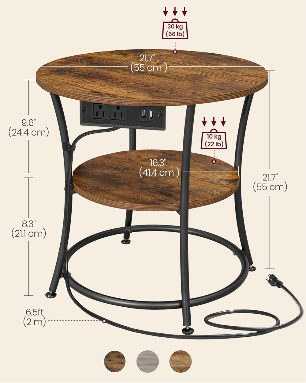 VASAGLE 21.7-Inch Round Side Table, 2-Tier End Table | Nightstand with Steel ...