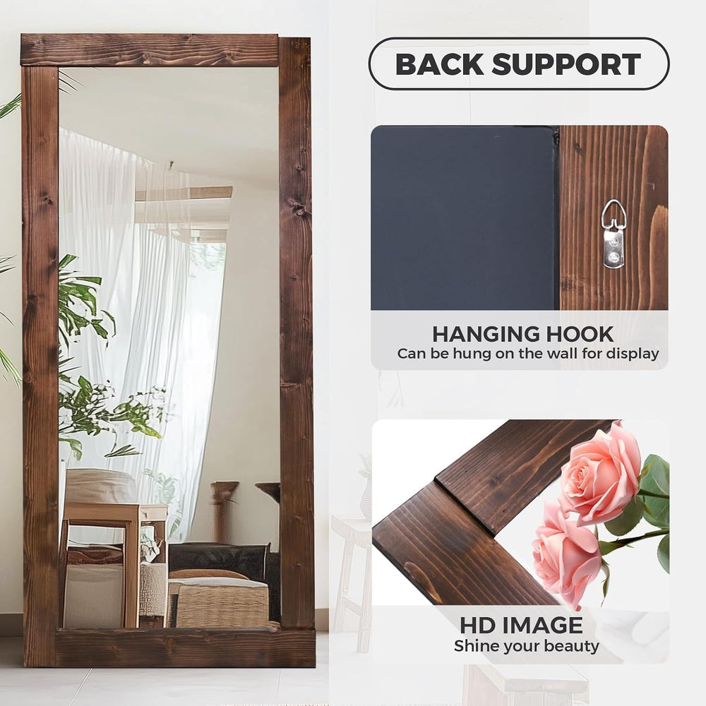 71x32in Full Length Mirror, Solid Wood Convex Frame, Brown