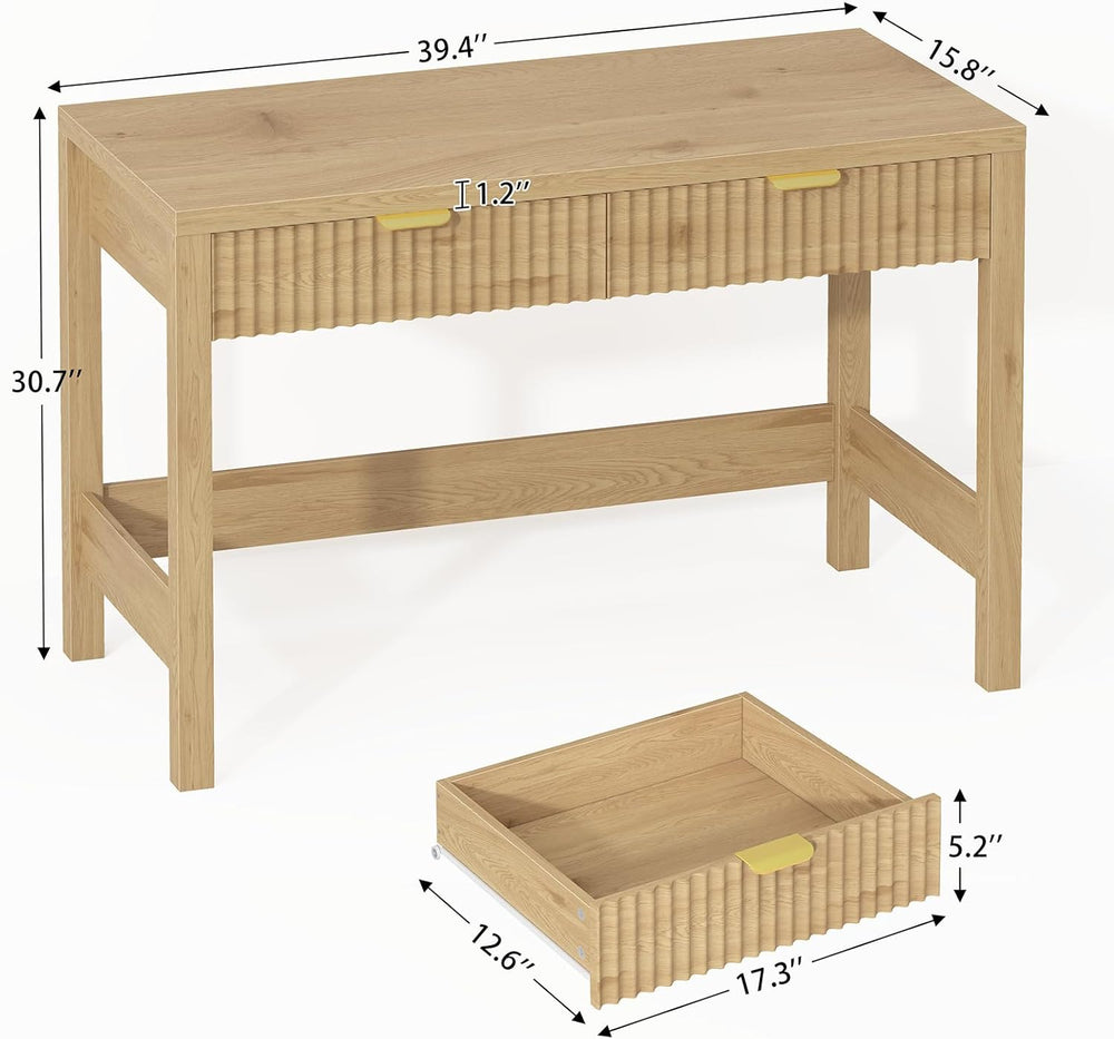 YOMILUVE Fluted Computer Desk with 2 Drawers, 39 Inch Small Computer Desk wit...