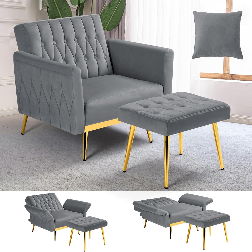 Velvet Accent Chair w/Ottoman & Adjustable Backrest, Grey