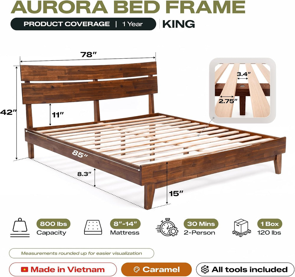 Aurora Acacia Solid Wood King Platform Bed Frame with Headboard, Walnut