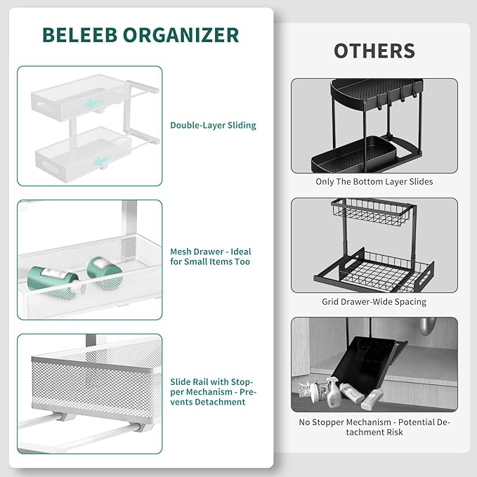 Under Sink Organizer, 1 Pack 2 Tier Metal Slide Out Pull Out Cabinet Organizer - Image 6