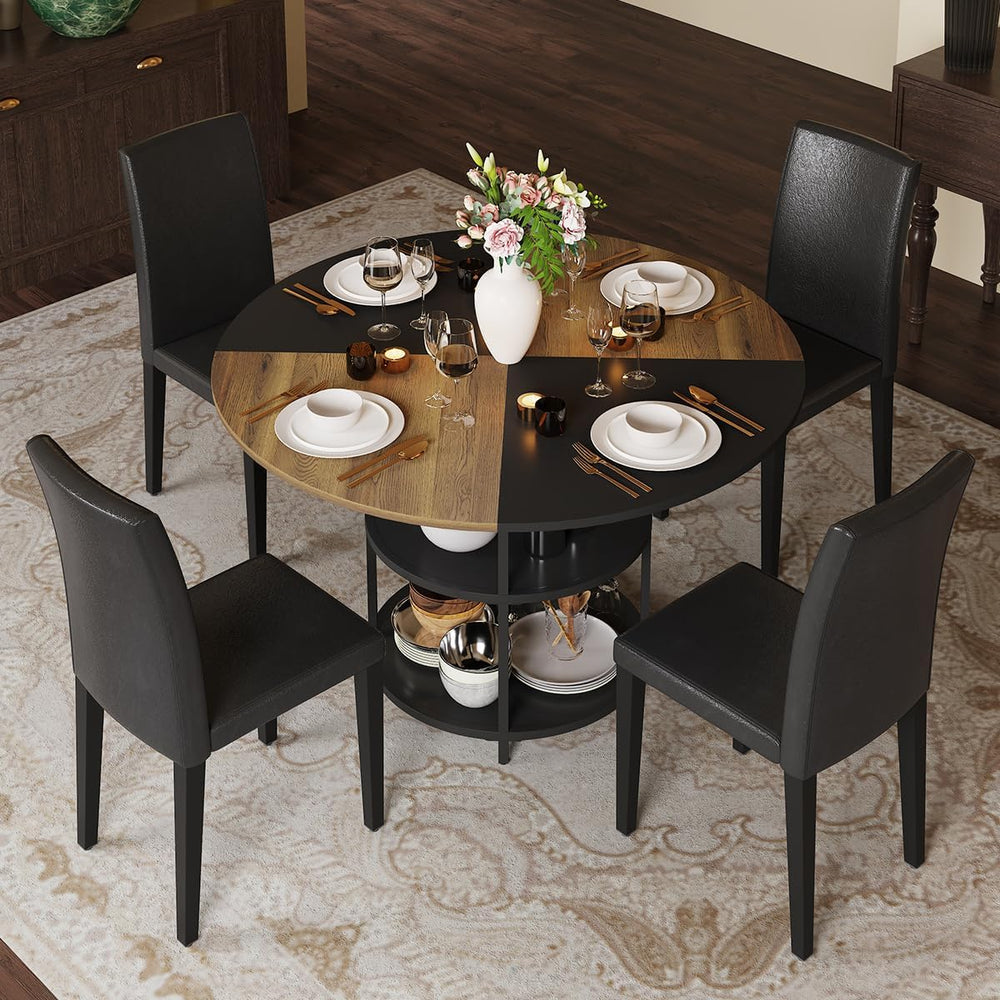 47 Inch Round Dining Table Set for 4，Kitchen Table and Chairs for 4 with Stor...