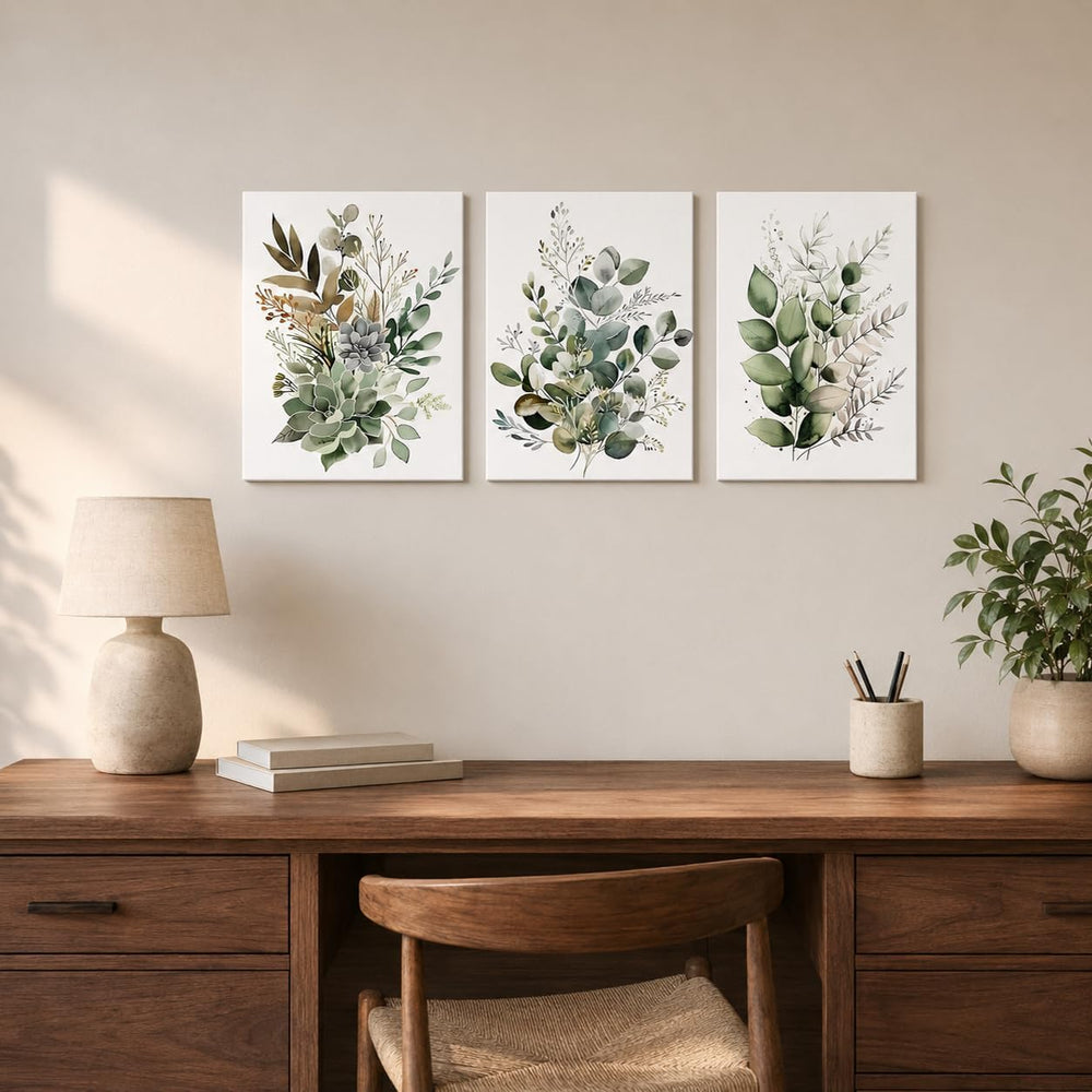 Bwodke Sage Green Botanical Canvas Wall Art Set of 3, 12x16 inch
