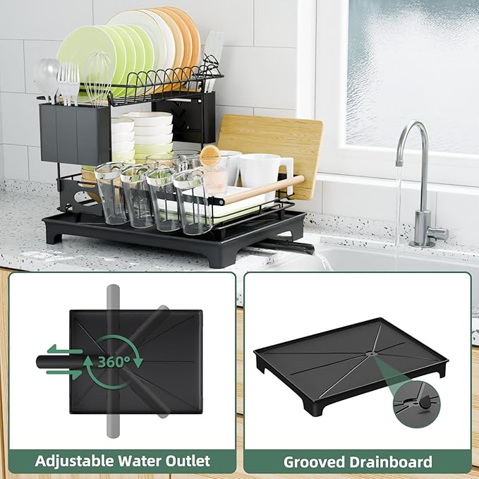 2-Tier Dish Rack with Drainboard: Large Capacity Anti-Rust Kitchen Counter