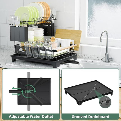 2-Tier Dish Rack with Drainboard: Large Capacity Anti-Rust Kitchen Counter - Image 2