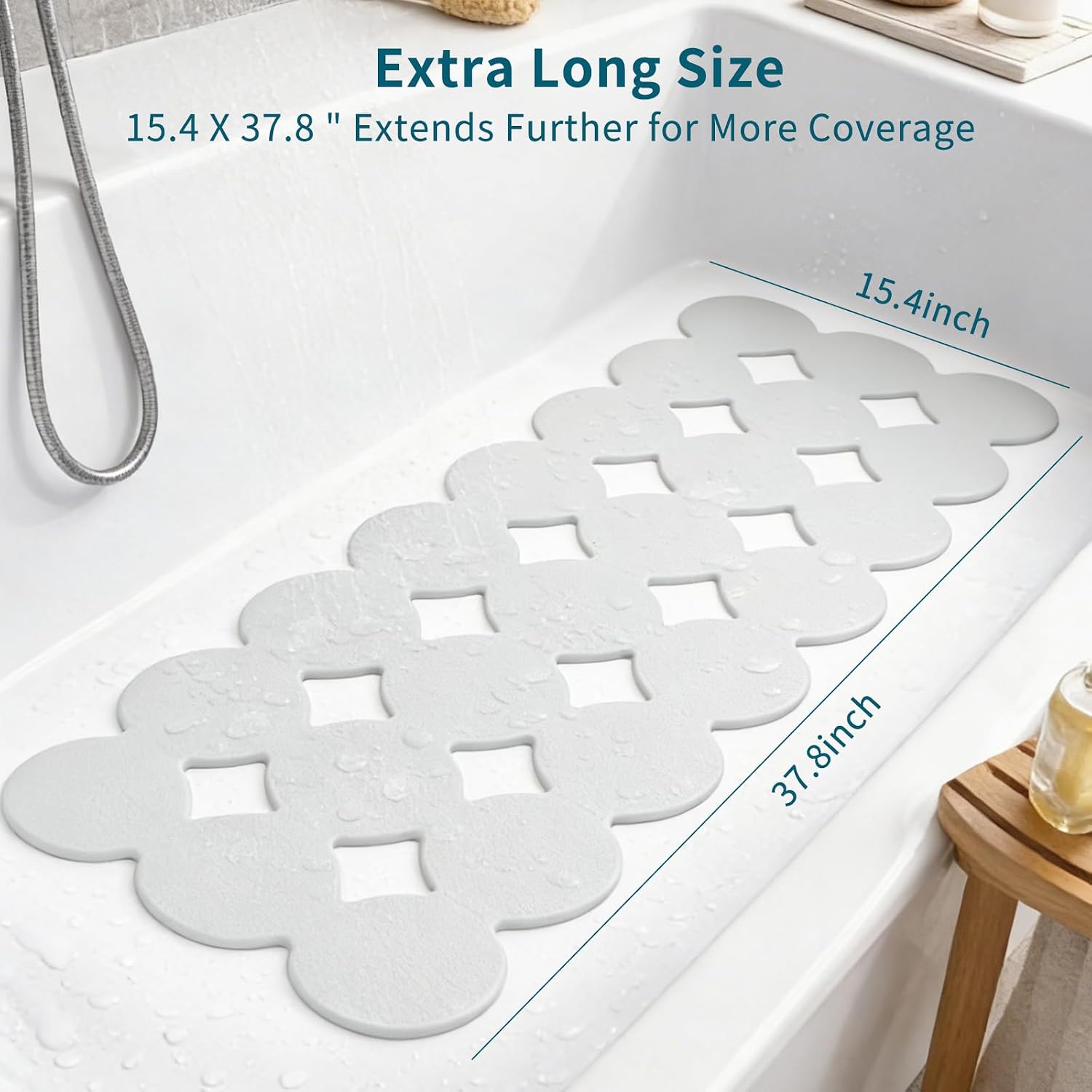 Webos Bathtub Mat Non Slip: Extra Long Rubber Bath Mat for Tub with Strong Suction Cups 15.4" x 37.8" Anti Slip Shower Mat, Big Drain Holes Bathroom Mats for Tub & Shower, Circle-White