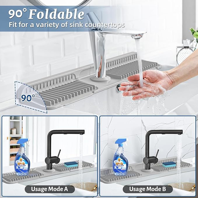 PoYang 24 inch Faucet Mat for Kitchen Sink Splash Guard, 7° Slope Silicone Sink - Image 2