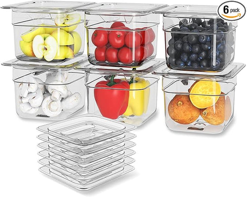 6 Pack Plastic Food Pan with Lid 1/6 Size 4 Inch Deep Restaurant Clear Food by HNEDSEN