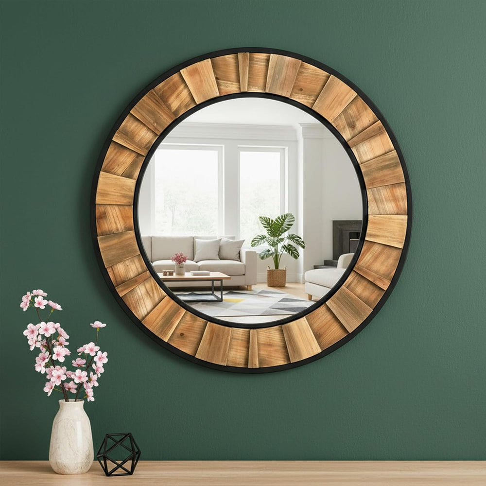 ZIYOO Round Wood Mirror 30", Metal & Wooden Frame Decorative Wall Mi...