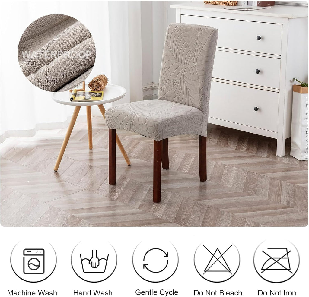 Waterproof Dining Chair Covers Set of 6 Parsons Chair Slipcovers | Double Waterproof Protection,Stretch Fit,Textured Jacquard Pattern,Machine Washable,Fits Large Parsons,Kitchen,Pet Friendly