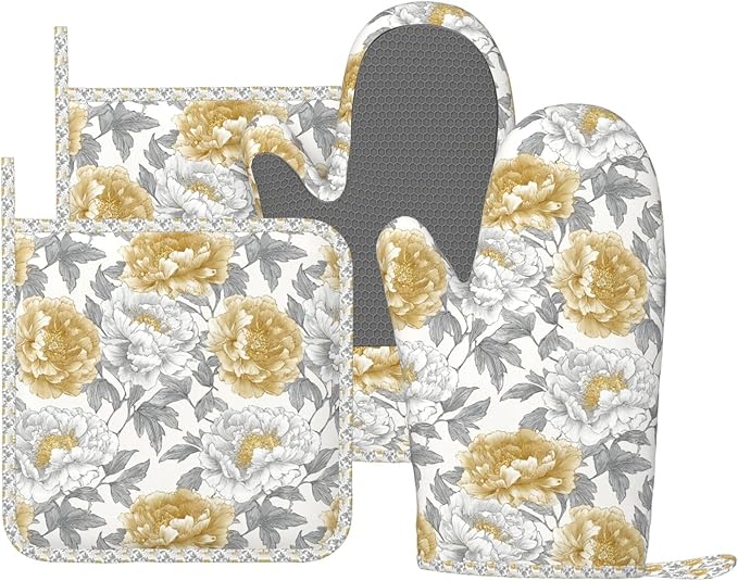 Oven Mitts and Pot Holders Vintage Flower Peony Floral Silicone Kitchen by DADABULIU