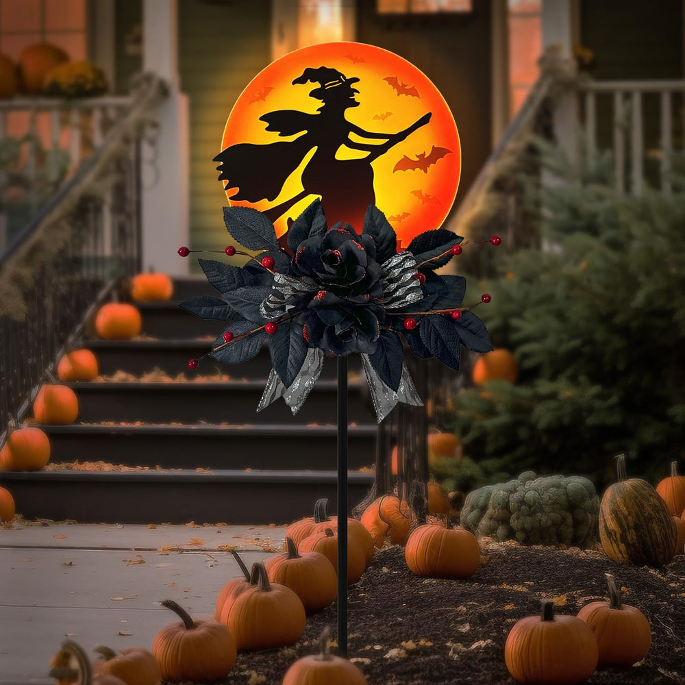 Solar Witch Scene Garden Stake Lights, Spooky Outdoor Yard Sign for Halloween...