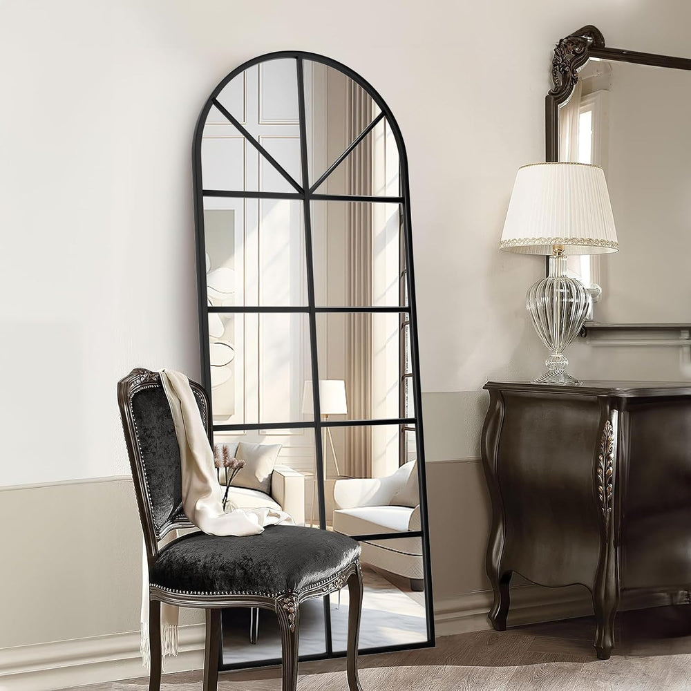 Floor Full Length Mirror, Arch Top Window Pane Mirror, 56"x22" Black