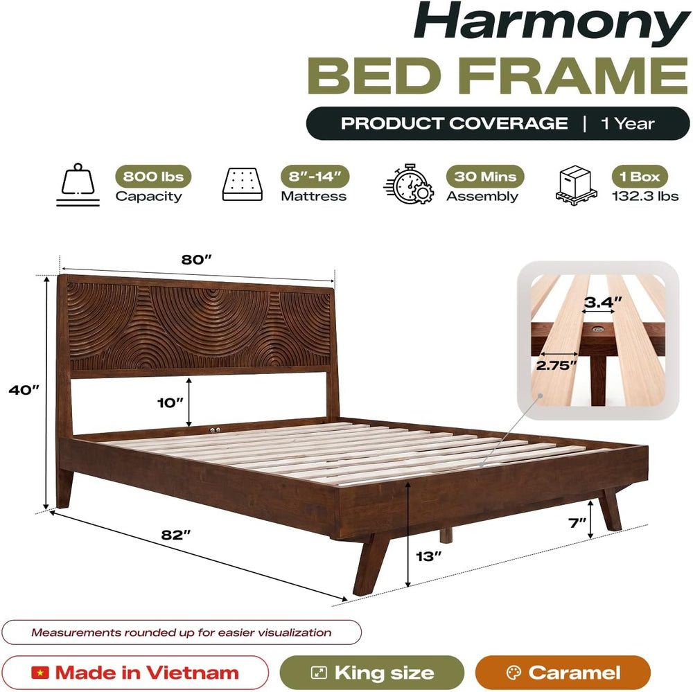 Acacia Harmony King Solid Wood Platform Bed Frame, No Box Spring, Walnut