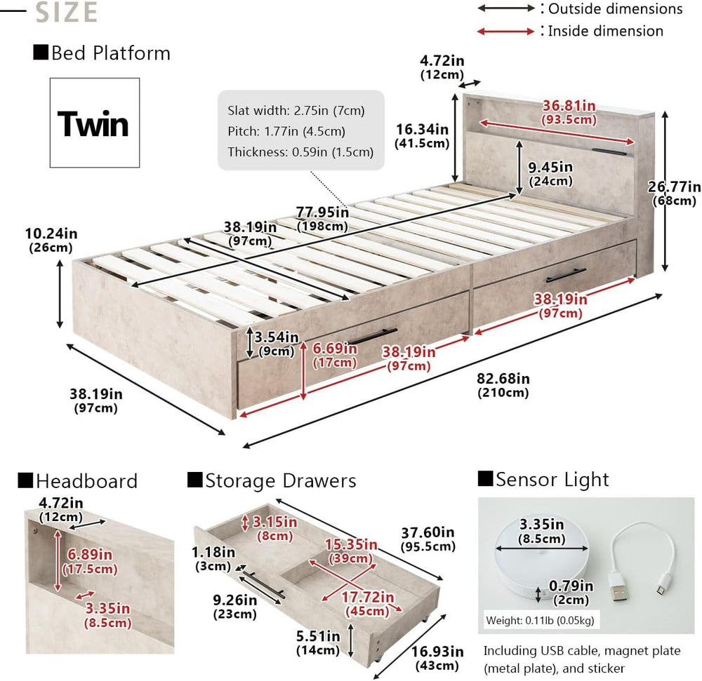 EMOOR Wood Slatted Bed Frame with Storage Drawers HEIM Twin (Stone-Gray), Hea...