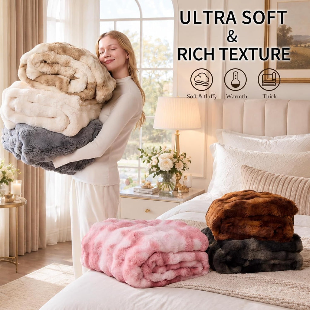 Cozy Bubble Faux Fur Twin Blanket for Couch, 60x80 Cream | Luxury Plush Fluffy Thick Blanket, Warm Soft Fuzzy Throw for Sofa Chair Bedroom and Living Room