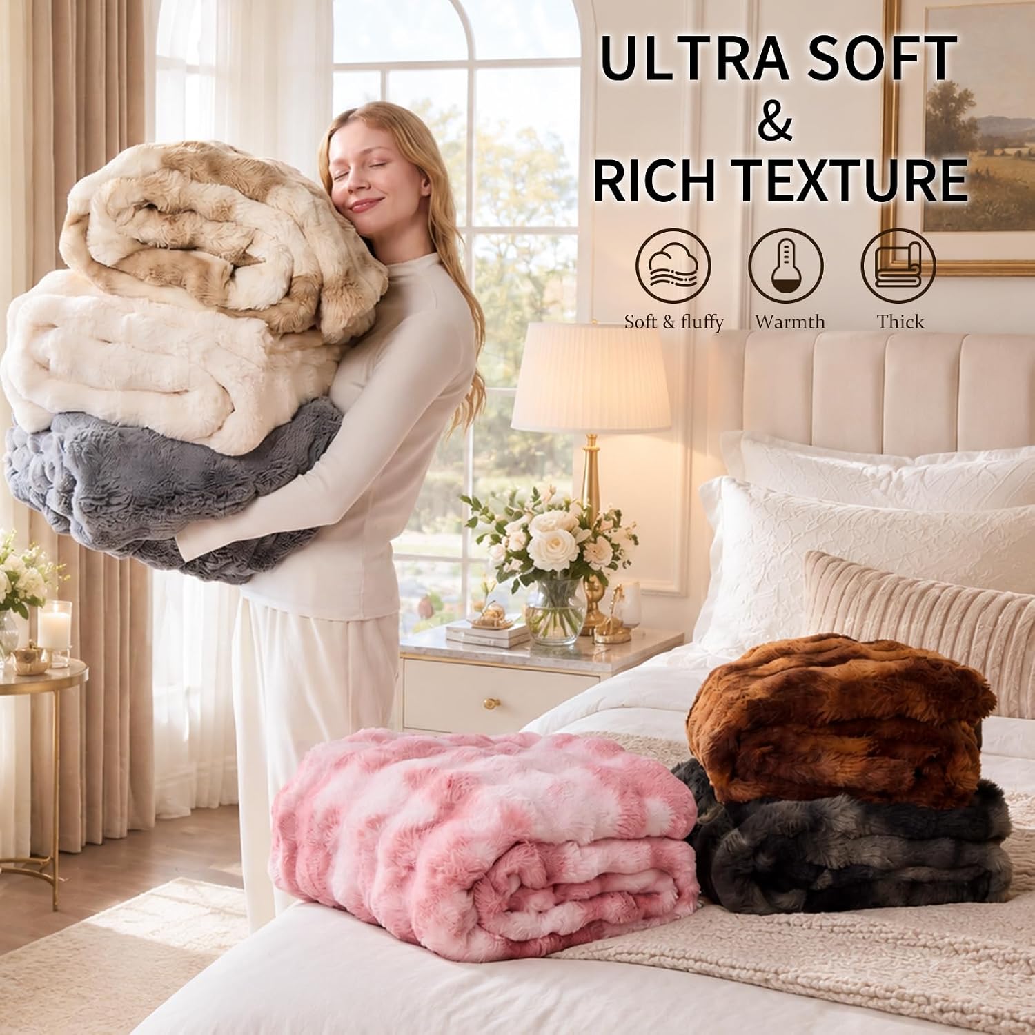 Cozy Bubble Faux Fur Twin Blanket for Couch, 60x80 Cream | Luxury Plush Fluffy Thick Blanket, Warm Soft Fuzzy Throw for Sofa Chair Bedroom and Living Room