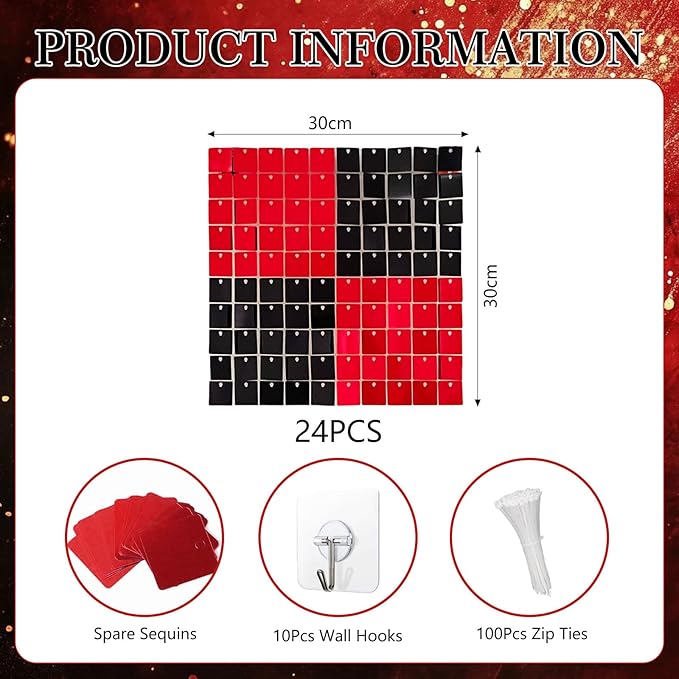 24PCS Black Red Shimmer Wall Backdrop, Square Sequin Photo Backdrops Panel, G...