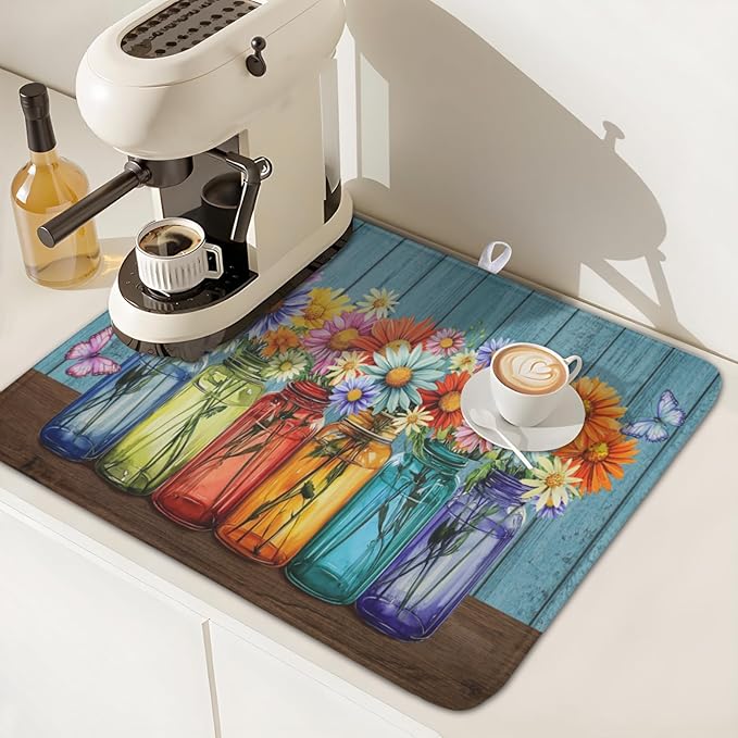 Vintage Floral Dish Drying Mat for Kitchen Counter Rustic Flower Vases Wooden - Image 7