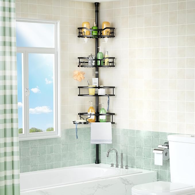 HAMITOR Corner Shower Caddy Tension Pole: Rustproof Stable 4-Tier Bathroom