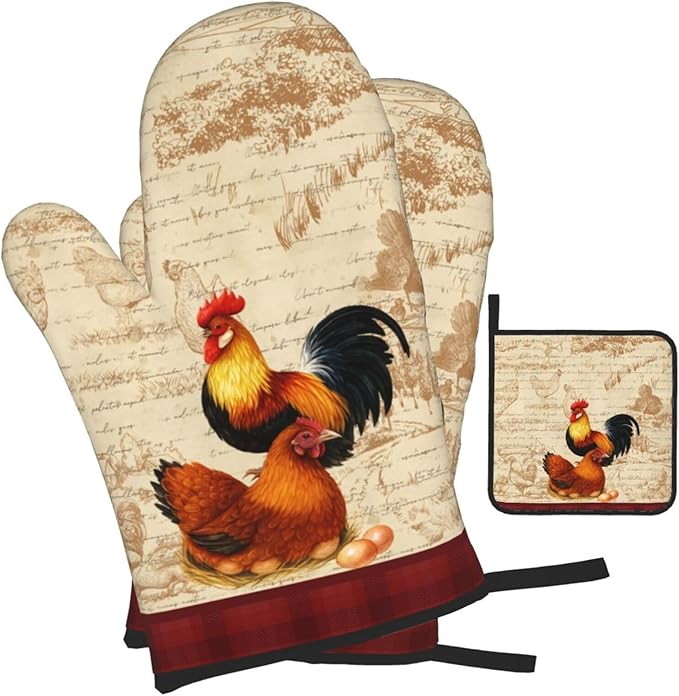 Retro Rustic Pot Holders and Oven Mitts Set of 3, Rooster Chicken Oven Gloves - Image 2