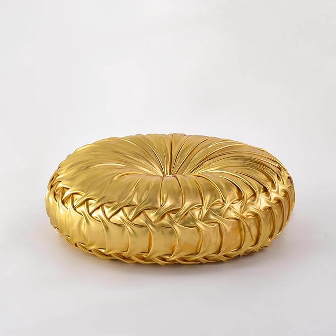 HIG Set of 2 Handcrafted Gold Ruched Round Throw Pillows – 14.5’’ Metallic