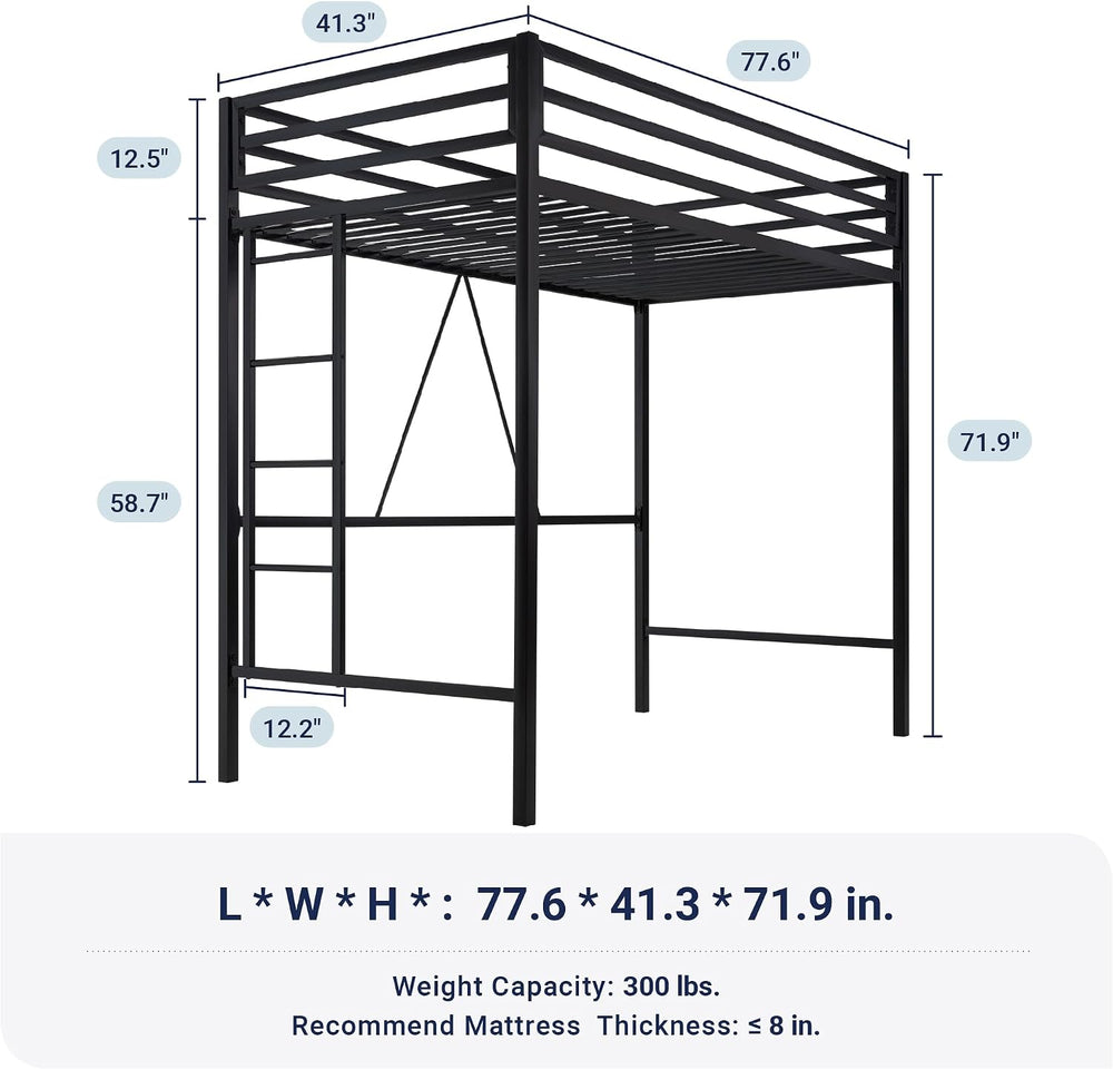 Allewie Metal Loft Bed Twin Size with Guardrail and Ladder,Black