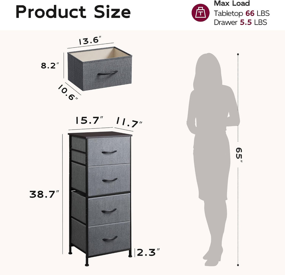 WLIVE Small Dresser Nightstand for Bedroom, 4 Drawers, Dark Grey
