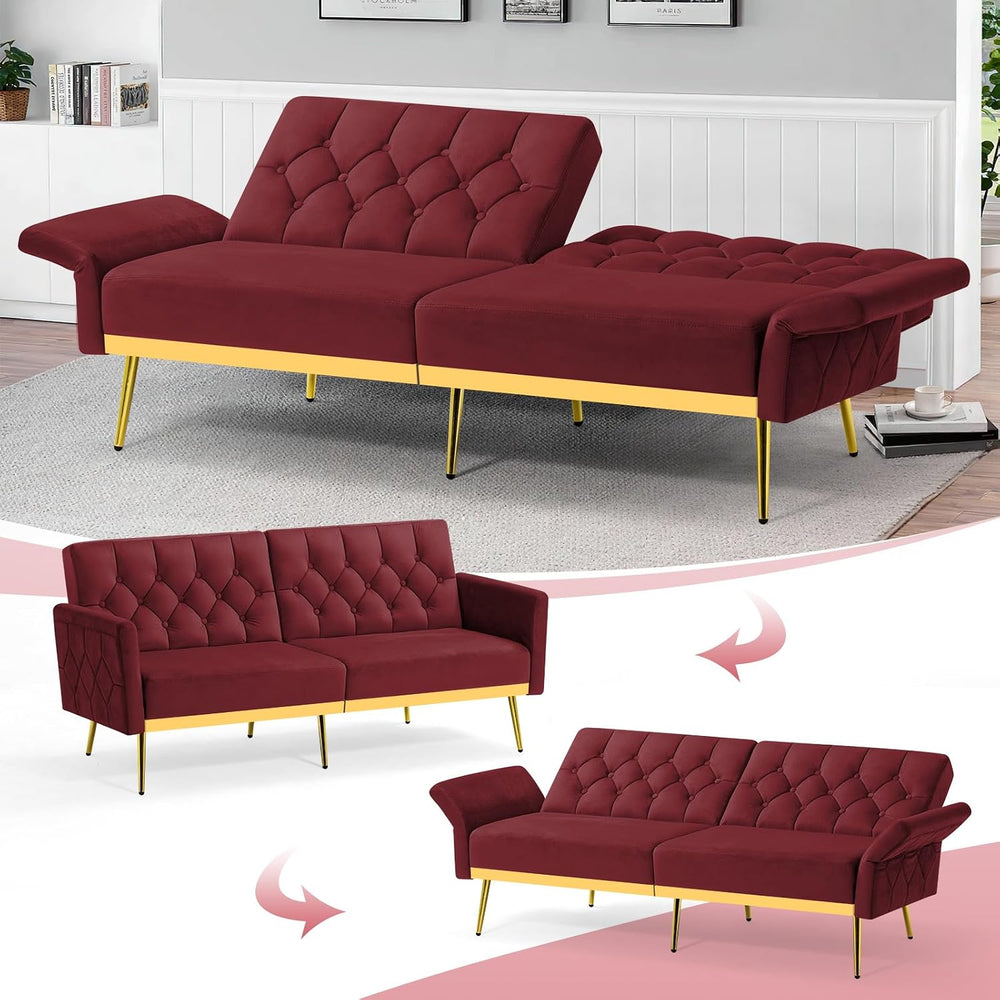 Velvet Sofa Bed w/Adjustable Armrests & Backrests, Red