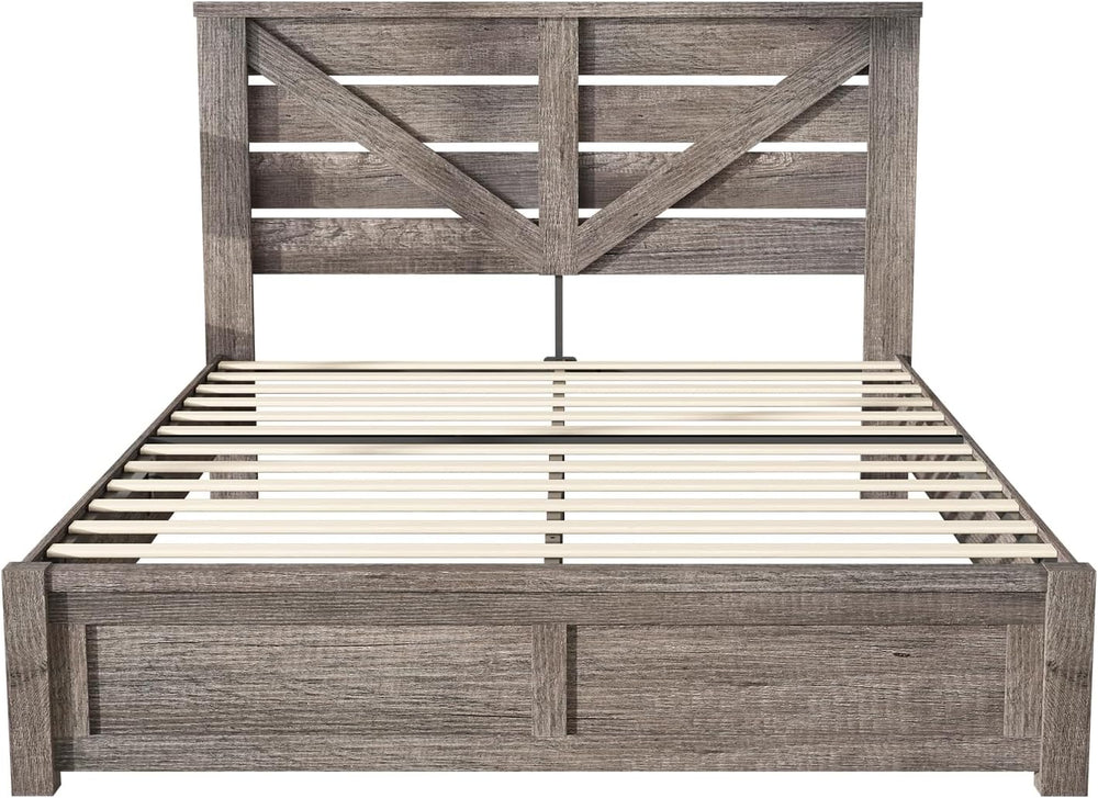 AMERLIFE Farmhouse Queen Size Bed Frame with 49.2"Barn Door Headboard, Gray