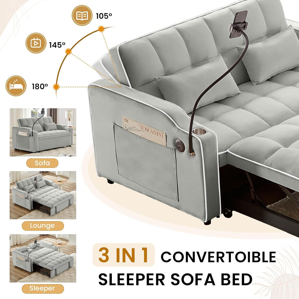Sleeper Sofa Couch Bed with Phone Holder, Modern 3-in-1 Convertible Velvet Pu...