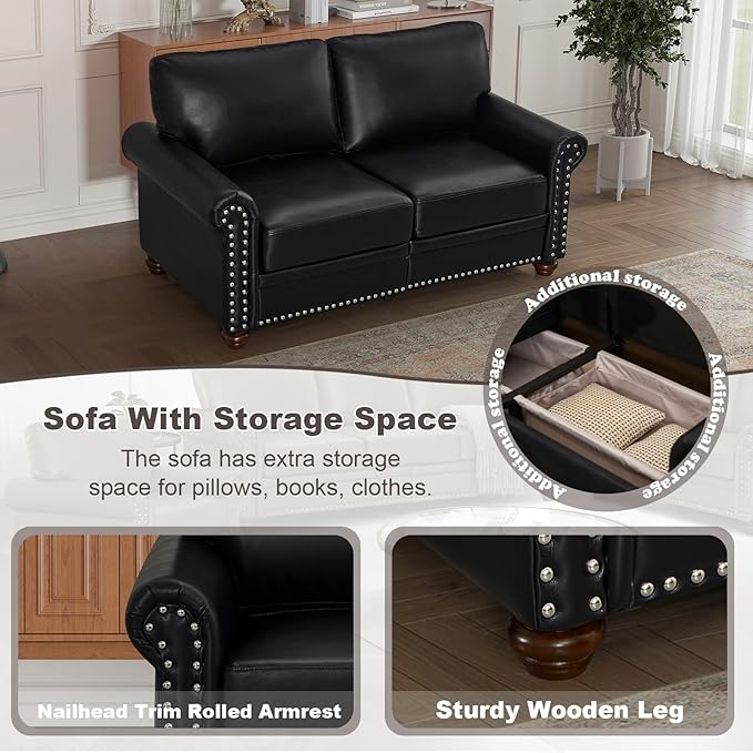Faux Leather Loveseat Sofa, 59" W Mid Century Modern Couch with Storage,...