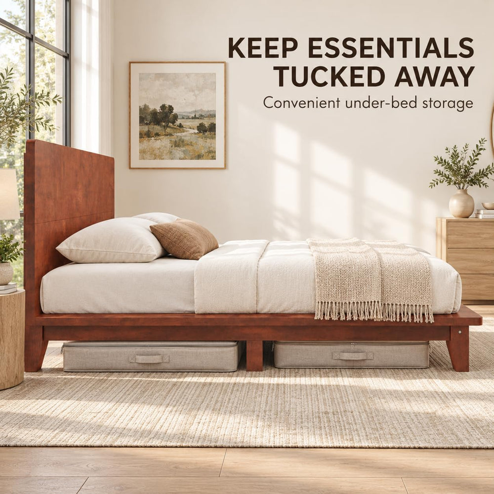 Queen Size Japanese Wooden Bed Frame with Brown Headboard