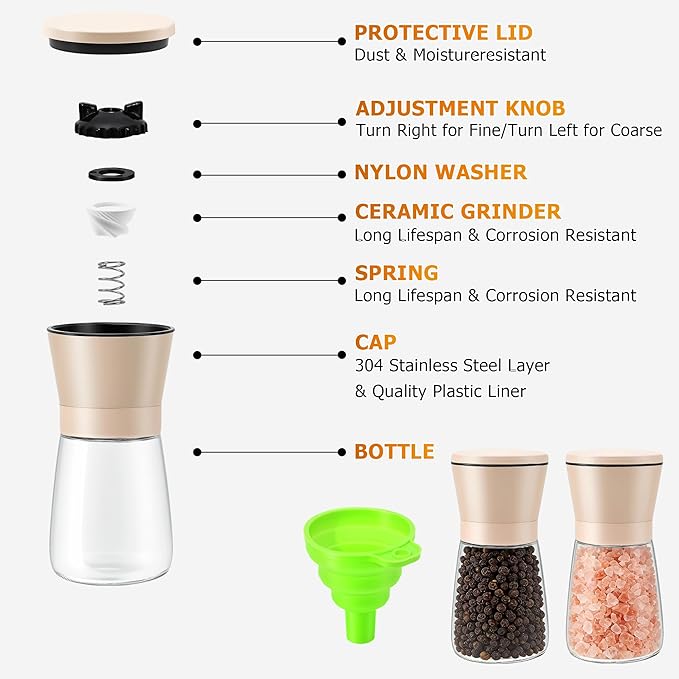 R DRURLCD 2PK Beige Salt and Pepper Grinder Set, Short Glass Shakers - Image 5